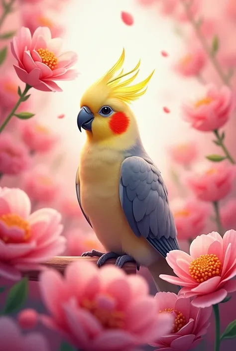 Cockatiel and pink flowers