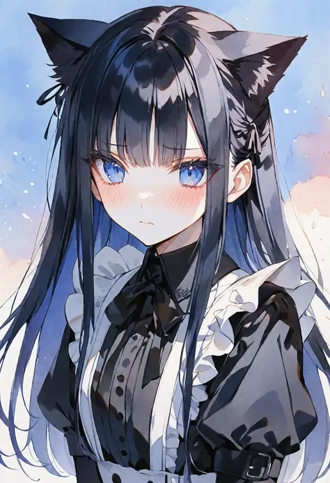 Alone, Good look , watercolor,
1. woman,
hime cut,  straight hair ,Long Hair,  black hair, Cat ears,
 blue eyes, soft impressions ,,18 years old,
Gothic,  maid outfit , stylish,
skin, embarrassed ,
 blue background,