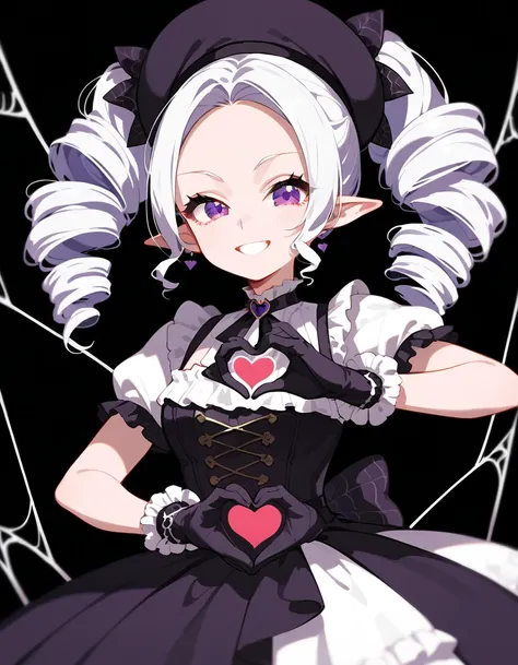 girl,White hair, long hair, ponytail,drill hair, in purple eyes,Pointed ears,Black Idol , Medium Chest,smile,Wear a skirt, Tall,Spider web, wear gloves,dress, black background,Dark circles under the eyes,Put on a hat,milf, heart hand Post