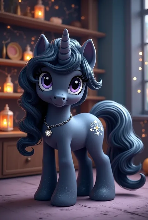 This unicorn pony has a deep charcoal gray coat (#2E2E2E) with a subtle shimmering effect, exuding a mystical aura. Her long, wavy mane and tail are a rich black (#000000) with delicate moonlit silver streaks (#D3D3D3), giving her a celestial glow. Her lar...