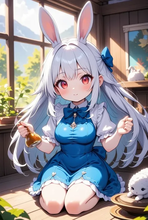 ( best quality, very detailed depiction, incredible high resolution),Rural Scenery:2.0, 1 girl ,(Chibi,cute, smaller,Blue Hair, very long hair,bangs,( Fluffy White Rabbit),Bunny ears,Red eyes,Big Eyes, Beautiful Sparkling Eyes , white skin,Big hair ribbon,...