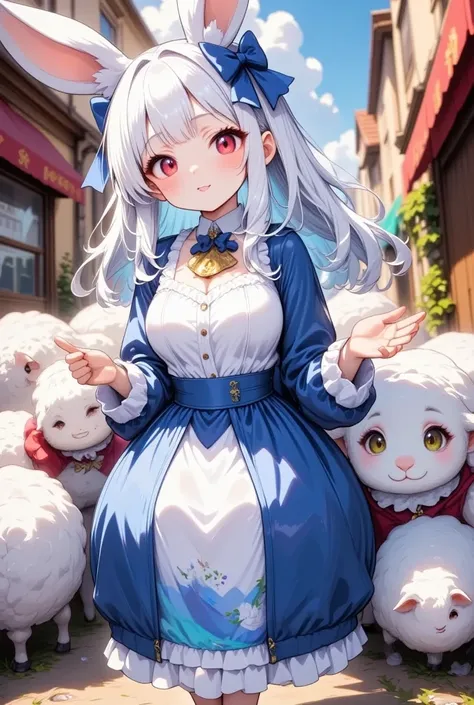 ( best quality, very detailed depiction, incredible high resolution),Rural Scenery:2.0, 1 girl ,(Chibi,cute, smaller,Blue Hair, very long hair,bangs,( Fluffy White Rabbit),Bunny ears,Red eyes,Big Eyes, Beautiful Sparkling Eyes , white skin,Big hair ribbon,...