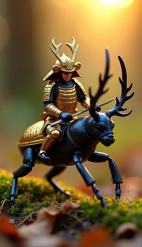 Macro photograph of a miniature samurai in ornate golden armor riding a glossy black stag beetle, holding a gleaming katana. The beetle’s polished exoskeleton and the intricate design of the samurai’s armor shine under the warm glow of a setting sun. The g...