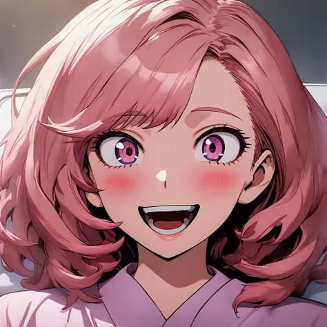 1 female, ((solo)), ((excited expression)), short pink hair, cute eyes, violet eyes, long eyelashes, hospital gown, large breasts, (on a hospital bed), portrait, masterpiece, ultra HD, anime style, (My Hero Academia art style)