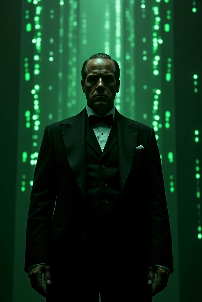 Photo of the godfather in dark clothes with a matrix background