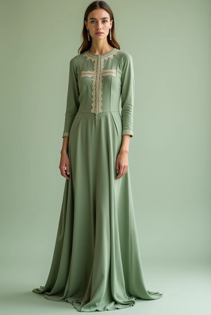  Long dress with the chest model with the cross fabric and straight neckline,  the natural dropped skirt ,  and 3 /4 with tight sleeves . 
 Color between light olive and mint green .
