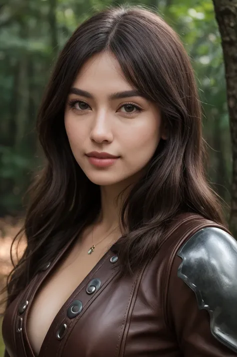 portrait of DEN_Daniela_Rose, (full upper body, face focus:1.2), beautiful eyes, detailed face, detailed lips, 
(natural forest background:1.4), She is wearing the medieval leather armor of an archer, ((full body view))
bokeh, f1.4, 40mm, photorealistic, r...