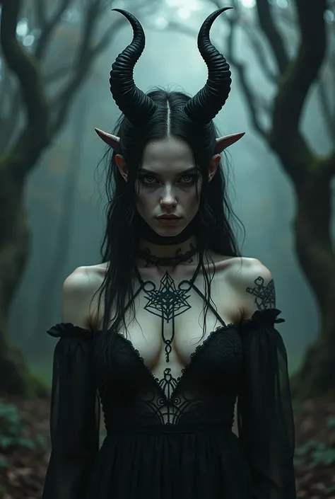 gothic girl,   without clothes, It has satanic symbols, demon eyes,   black eyes,  demon horns , It&#39;s in a dark forest