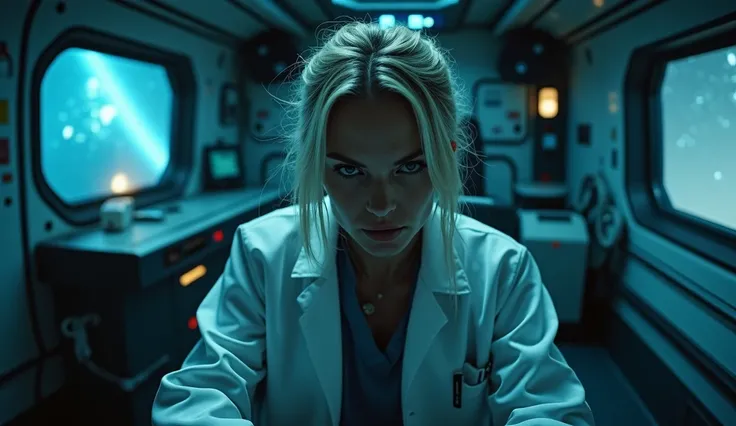 "A small, sterile, high-tech room within the space station, dimly illuminated by a cold blue light. A woman with sharp features and a lab coat is restrained to a chair, her hair disheveled and her eyes filled with anger and determination. The background sh...