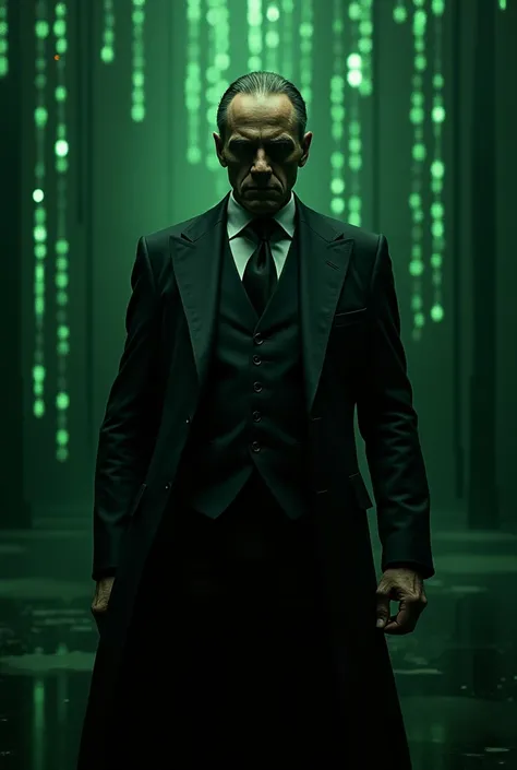 Photo of the godfather in dark clothes with a matrix background