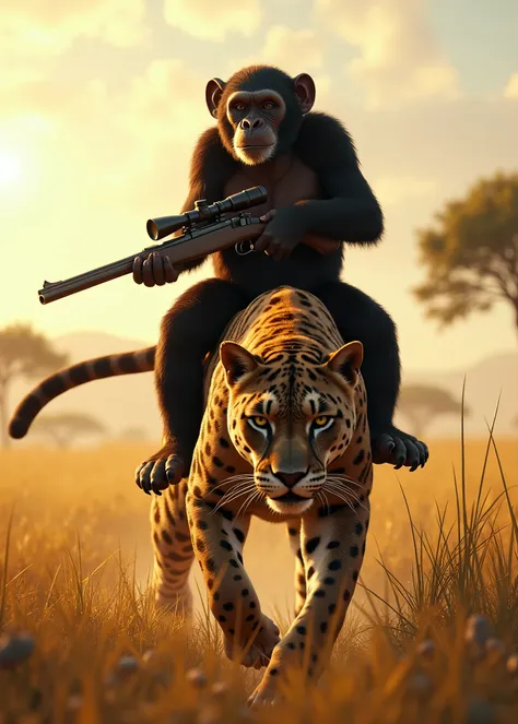 The chimpanzee riding a panther has a hunting gun、African Grasslands、Midday、 realistic、