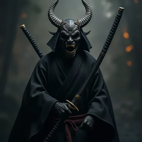 Draw me a Japanese demon Yokai,  as described in legends, black color, wearing a samurai mask and with a katana  