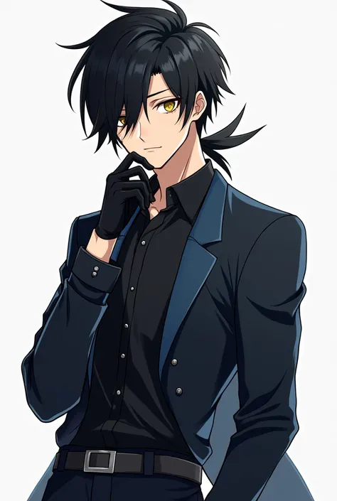  art,  Create an anime-style character ,  by a mature male with short and slightly pointed black hair with bangs,  slightly covering his face on the left side , and with a giant ponytail ,  yellow eyes , Eyes are big, Men&#39; black blouse-blouse with a da...