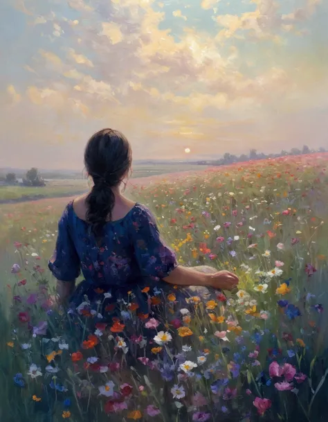 painting of a woman sitting in a field of flowers, sitting in a field of flowers, in a field of flowers, in a meadow, in a field with flowers, sitting in a field, in a field, standing in flower field, standing in a flower field, standing in a field with fl...