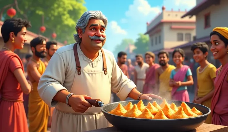 Image Prompt:
A vibrant rural village market setting, with a small samosa stall at the center. Ramlal, a middle-aged man with a round face, thick mustache, and slightly heavy build, is dressed in a simple white kurta and dhoti, with an apron tied around hi...