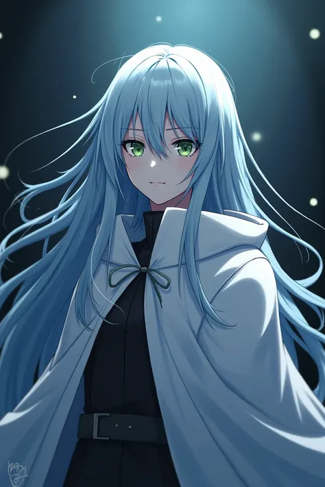 Tensei shitara slime datta ken, Hair Color: Bluish silver; Eye Color: Green, With black star-shaped pupils, he is an androgynous with extremely long hair, wearing a white cloak, has a scary aura.