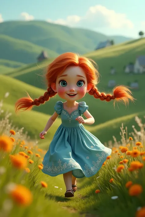 Fotograma cinematográfico de chomake a red-haired girl with freckles two braids and a long blue flowery dress running through the hills