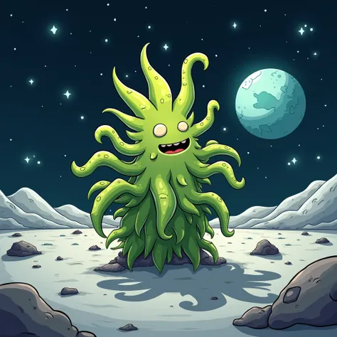 Cartoon style, a marijuana sprouted on         the moon, with earth in the background 