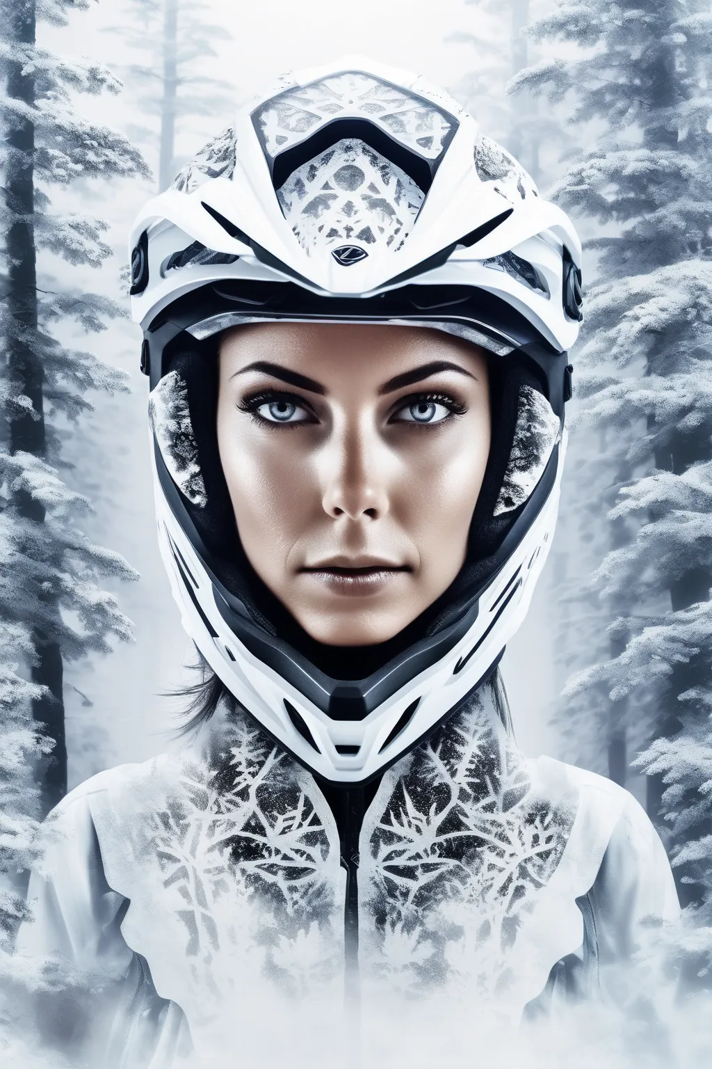 triple exposure, solid white background, mysterious silhouette forest woman,wearing enduro motocross helmet , amazing depth, mas...