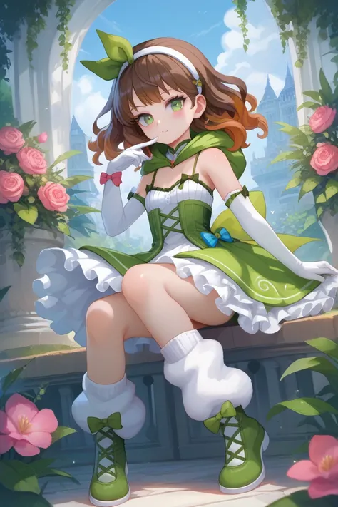 masterpiece,Ultra HD, 1girl, ((young)),solo, small, petite, green eyes, brown hair, bow_hairband, bow_legwear, dress ,elbow_gloves, flower, gloves, gold_trim, green_bow, green_dress, green_footwear , hairband, leg_warmers, long_hair,plant shoes , sleeveles...