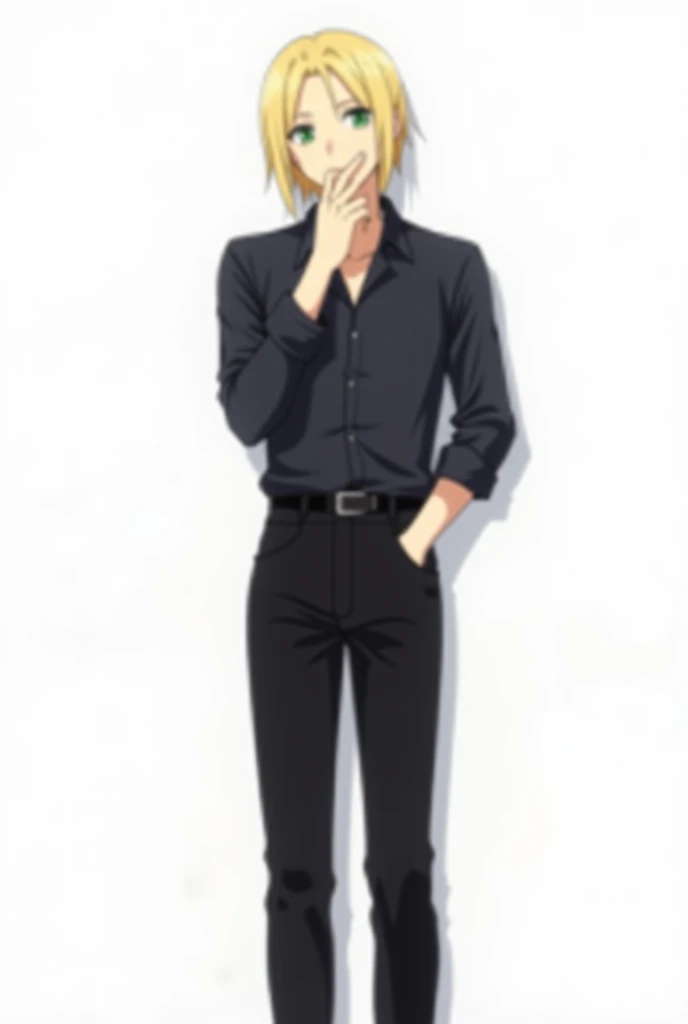  anime man 36 years old ,  green eyes  , Beautiful, High,  dark shirt ,  black pants ,  stylish hairstyle , blond bob ,   full-length stands in a thoughtful pose on a white background