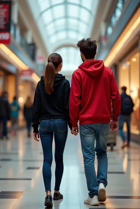 couple, 30 years old woman wearing black hoodie, brown pony tail hair, medium breasts, medium ass, wearing tight jeans, 40 years old man wearing red hoodie and jeans, spiky brown hair at the mall