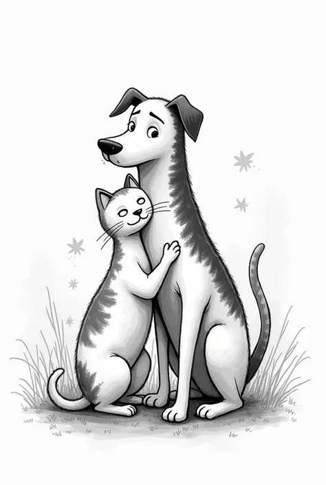 Create an image of a dog and a cat in black and white with drawing strokes as if it were Naquin