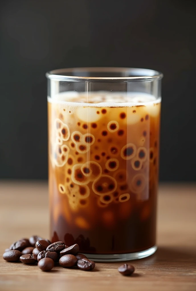 Bubble coffee milk based served in beaker glass with Coffee flavoured brown bubbles with garnish of coffee beans on side