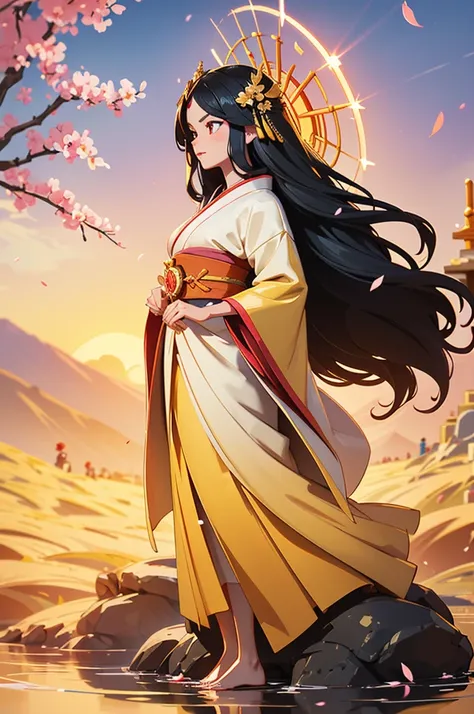 (from below),((full-body shot)),Here is the revised prompt for **Amaterasu**, reflecting her with black hair instead of white:

---

**Prompt:**  
"A regal and radiant goddess standing tall and proud, Amaterasu emanates an aura of warmth and light, her pre...