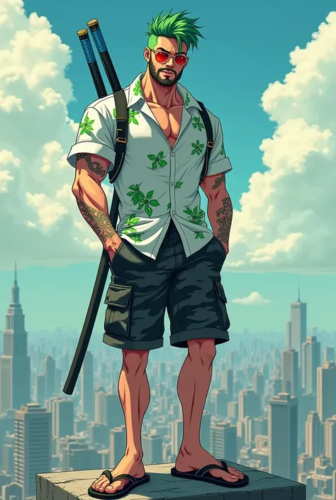 The eclectic anime anti-hero commands the towers heights with an air of confidence, his vibrant short green hair and piercing red eyes making him stand out vividly against the backdrop. His buff physique fills out a white button-down adorned with green flo...