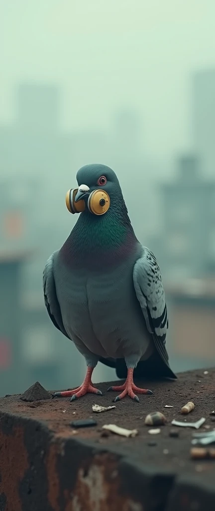 A pigeon wearing a tiny pollution mask while sitting on a dusty, smog-covered rooftop. In india, make real 