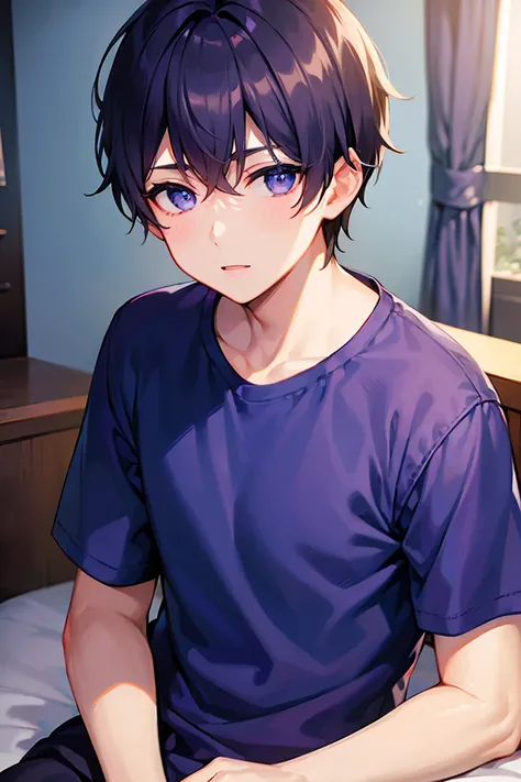 boy in a shirt and navy purple fabric, bedroom, (beautiful eyes), ((best quality)), ((masterpiece))