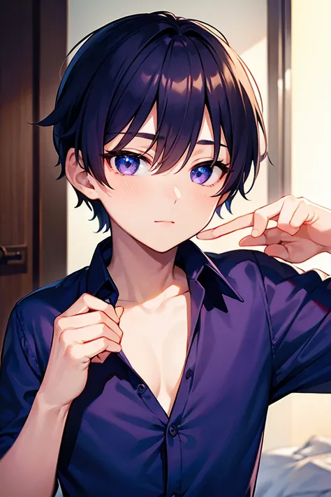 boy in a shirt and navy purple fabric, bedroom, (beautiful eyes), ((best quality)), ((masterpiece))