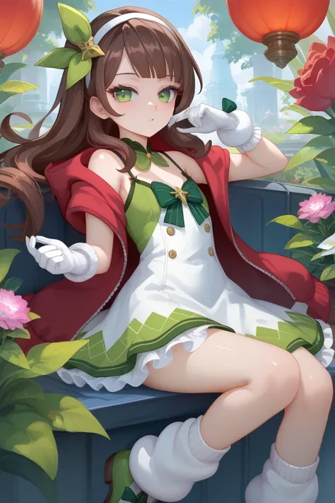 masterpiece,Ultra HD, 1girl, ((young)),solo, small, petite, green eyes, brown hair, bow_hairband, bow_legwear, dress ,elbow_gloves, flower, gloves, gold_trim, green_bow, green_dress, green_footwear , hairband, leg_warmers, long_hair,plant shoes , sleeveles...