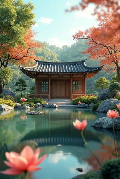 Wooden hall in the middle of a small pond filled with seroja flowers