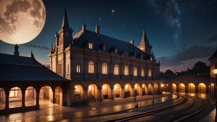 19th century、 Europe、Train Station、night