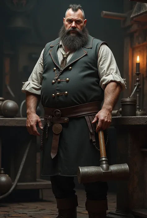  19th century English blacksmith , sparse short hair , steampunk, Victorian, cuerpo completo,  well-defined muscles , average height,  Realistic style, full hd, 8K, Hyperrealism,  gothic atmosphere,  dark fantasy , swollen abdomen, bearded,  holding his ha...