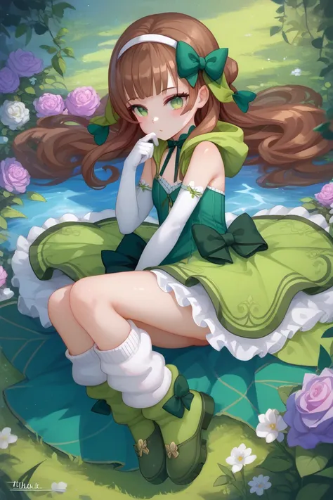 masterpiece,Ultra HD, 1girl, ((young)),solo, small, petite, green eyes, brown hair, bow_hairband, bow_legwear, dress ,elbow_gloves, flower, gloves, gold_trim, green_bow, green_dress, green_footwear , hairband, leg_warmers, long_hair,plant shoes , sleeveles...