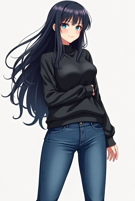 The character of an explosive female anime girl with a beautiful figure, her thighs are full and sexy .She wears a dark sweater with sleeves that cover her belly and chest, jeans and dark medium-heeled shoes. She has long black hair and bright blue eyes.
