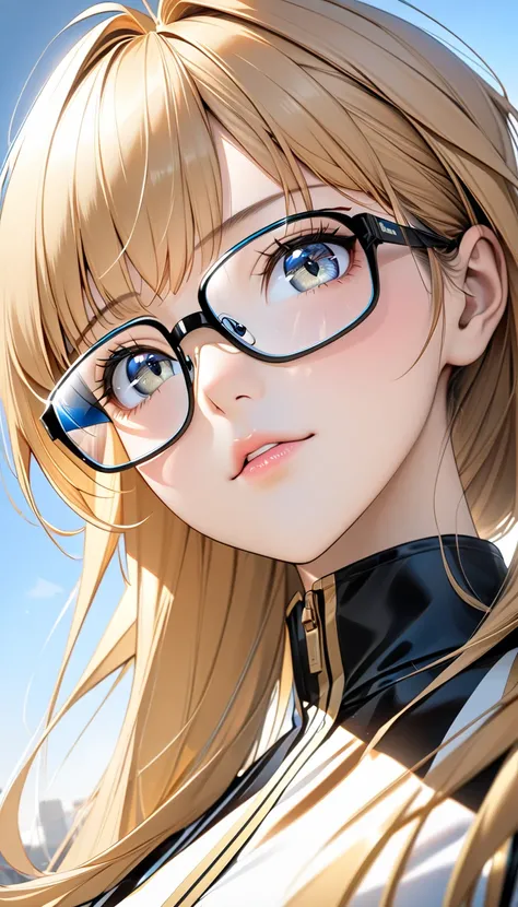  one woman。solo。
 realistic drawing。High image quality。 High Quality 。
Honey Blonde 、 low ponytail。 straight hair。
Rimless glasses。Rectangle Lenses 。
 blue and gray gradation eyes。
 slender。 squinting。Black 1988 Trans Am 。 low angle。