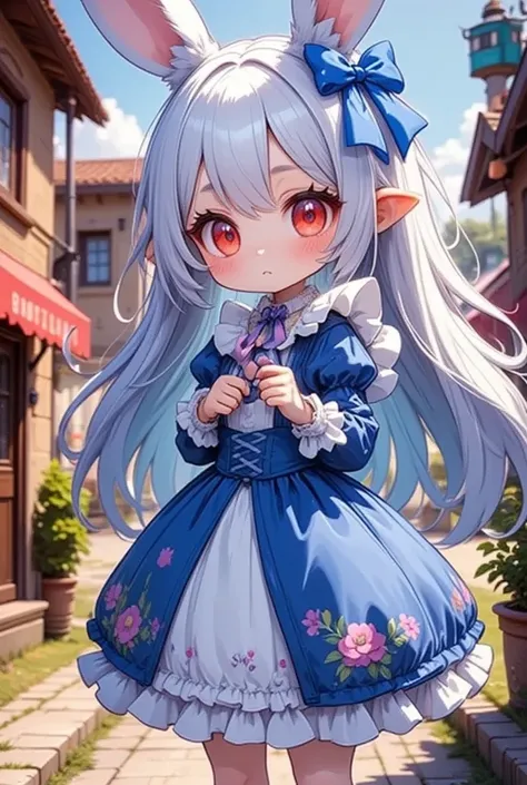 ( best quality, very detailed depiction, incredible high resolution),Rural Scenery:2.0, 1 girl ,(Chibi,cute, smaller,Blue Hair, very long hair,bangs,Bunny ears,Red eyes,Big Eyes, Beautiful Sparkling Eyes , white skin,Big hair ribbon,Blue Princess Dress,wir...