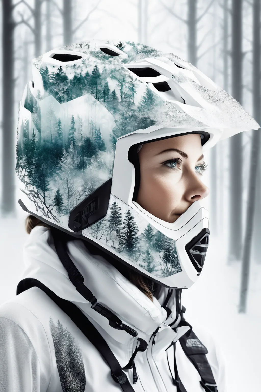 double exposure, solid white background,  forest woman,wearing enduro motocross helmet , amazing depth, masterwork, surreal, geo...