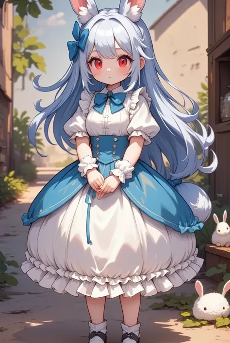 ( best quality, very detailed depiction, incredible high resolution),Rural Scenery:2.0, 1 girl ,(Chibi,cute, smaller,Blue Hair, very long hair,bangs,Bunny ears,Red eyes,Big Eyes, Beautiful Sparkling Eyes , white skin,Big hair ribbon,Blue Princess Dress,wir...