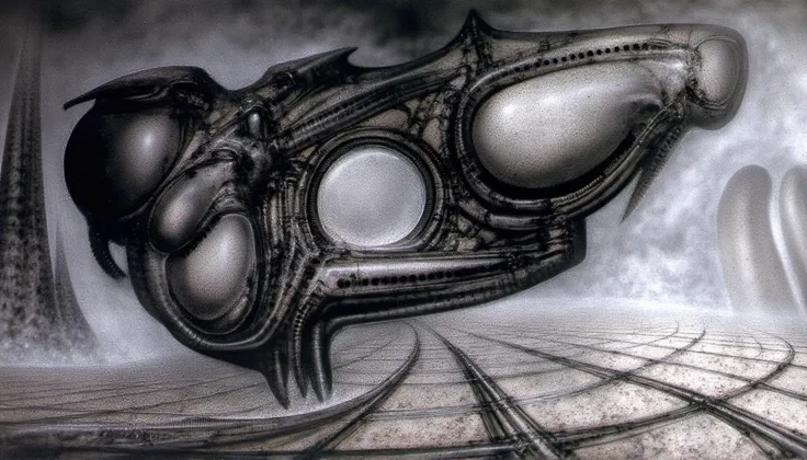 H. R. Gigers g1g3r, , Giger_style,  create biomechanical landscape by Hans Rudie Giger composed of fossilized and mummified alien life forms. Image depicts a strange and dreamlike, combines biological and mechanical ,managed  to dreamlike quality.
drawing ...