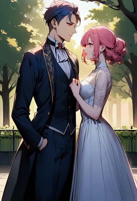 A man with pink hair and red eyes with a woman with gold eyes and blue hair in a park