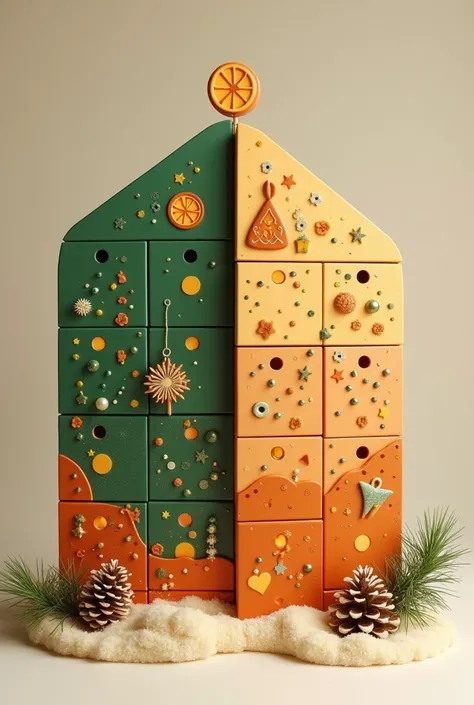 advent calendar , Two parts ,   color opaque green and light orange and carme, 