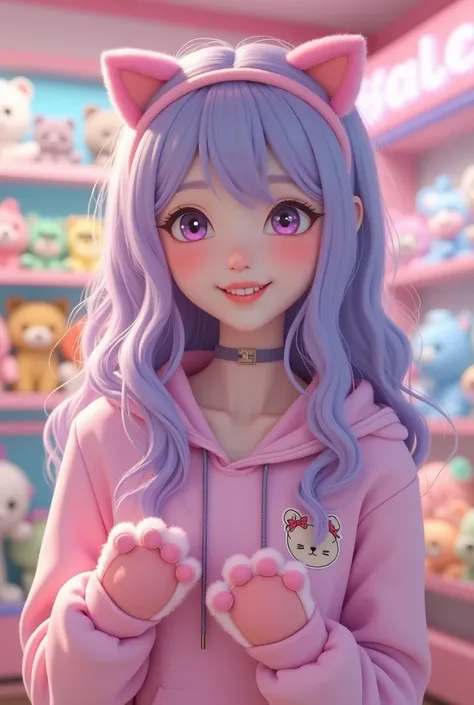 Asian young woman with long, wavy lavender hair, wearing cat ear headbands and pink paw mittens, smiles sweetly. Shes wearing a pink hoodie with a cute bear logo on the pocket. The background is softly blurred, showing a pastel-colored arcade or toy store ...