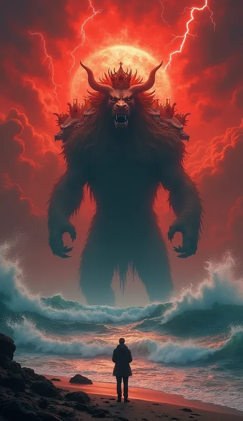 "A fiery red sky with a great beast emerging from a stormy sea, seven heads adorned with crowns, waves crashing violently, the scene illuminated by lightning bolts, a figure standing on the shore observing, photorealistic and ominous."