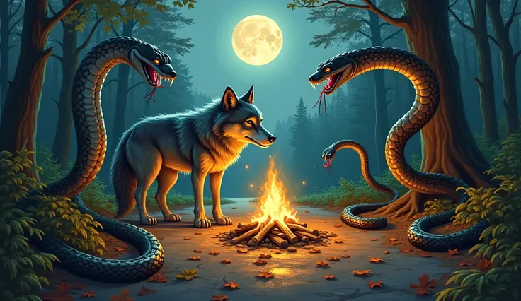  caricaturized image of a wolf in a forest clearing surrounded by snakes that stalk him in a circle near a bonfire.  There are two raised snakes spitting poison with their lips painted and hanging . You can see the full Moon .  The wolf is in a defensive p...