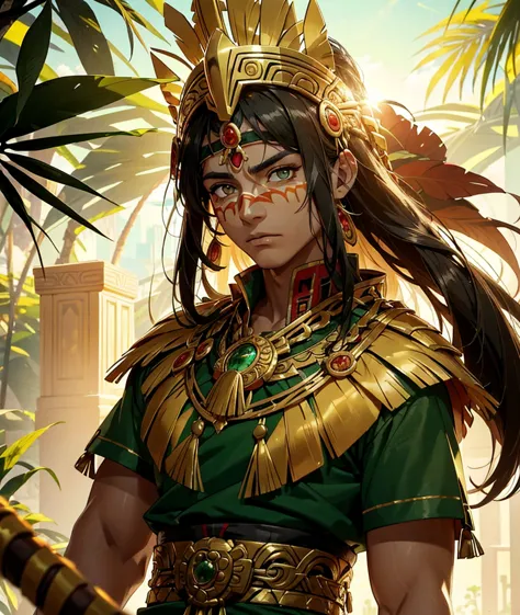 in an amazonian golden city  a beautiful man walks lightly. he has a traditional outfit of Aztec people his eyes are visible. he has magnificent ultra detailed golden eyes, his pupils are dilated and isr iris ultra detailed and a magnificent amber color wi...